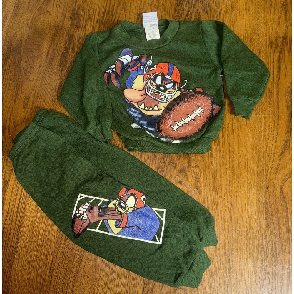 Vtg 90s Looney Tunes Taz Football Sweatshirt Sweatpants Kids Tracksuit Set 2T